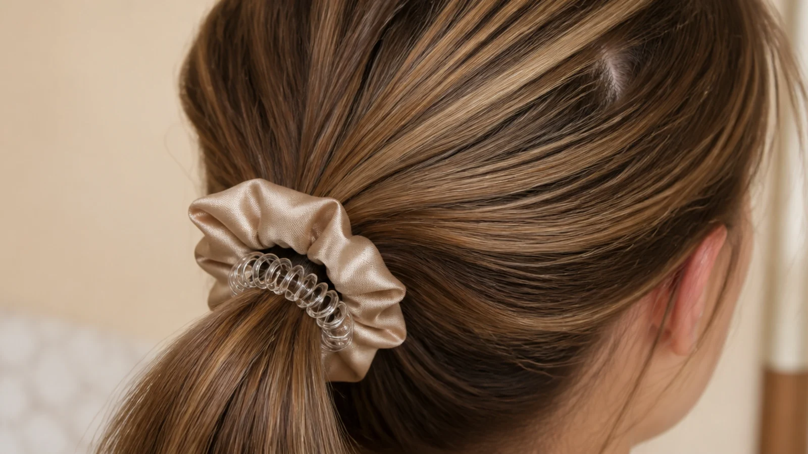 Several satin scrunchies in muted colours on a dresser
