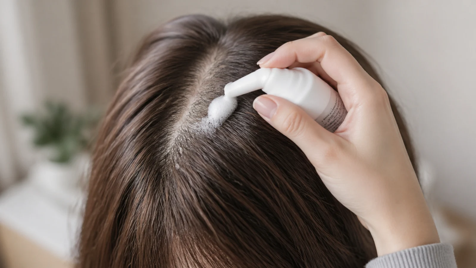 A topical treatment applicator held against a parted scalp