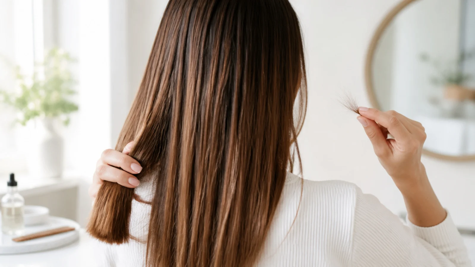 Split and frayed ends held up beside smooth intact ends