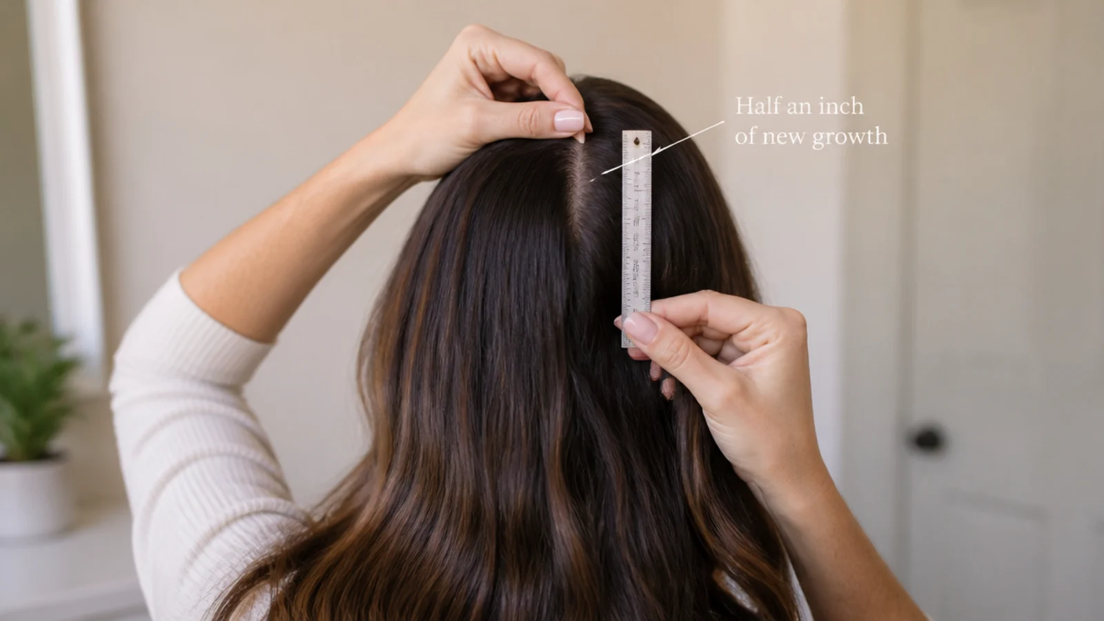 A ruler held against a section of hair to show a month of growth