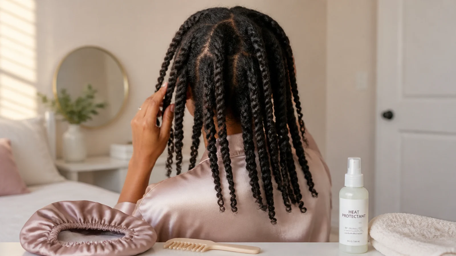 A loose braid resting over one shoulder beside a switched off flat iron