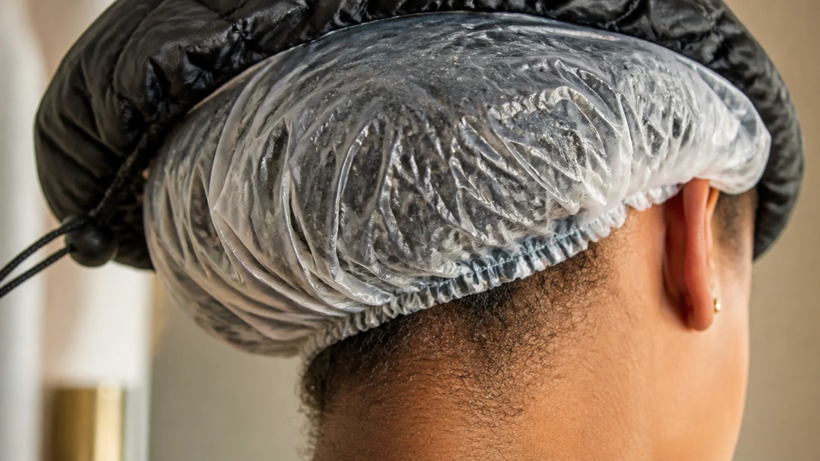 A clear cap over hair coated in deep conditioner