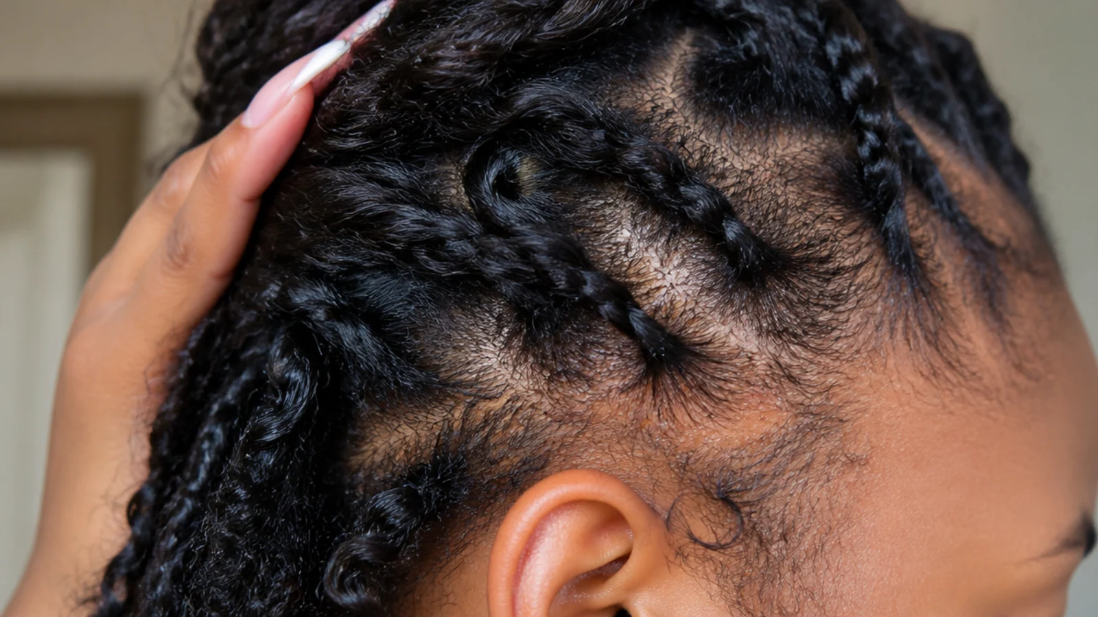 A close view of braid roots resting flat without pulling