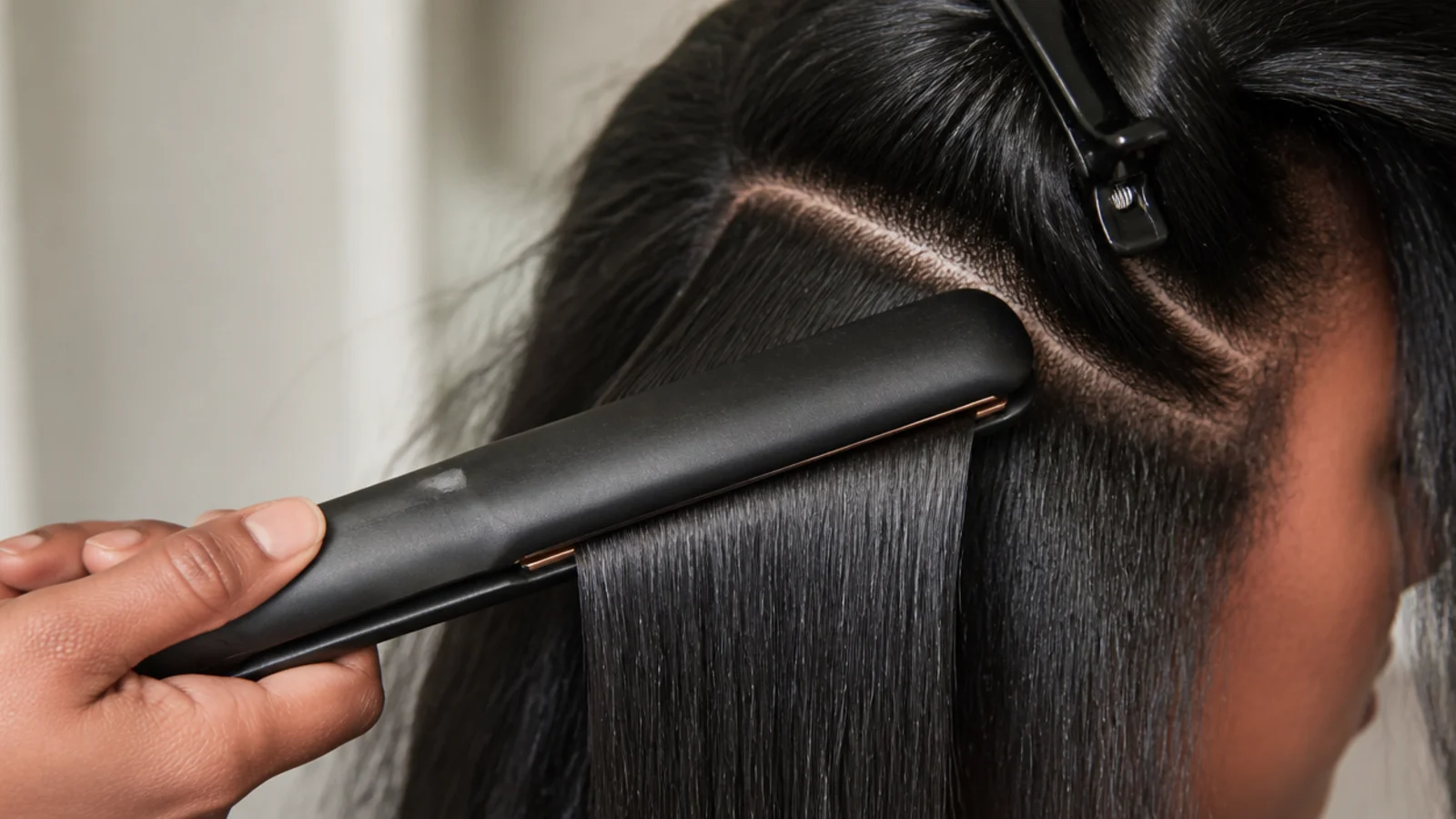 A flat iron passing through a stretched section with the display showing