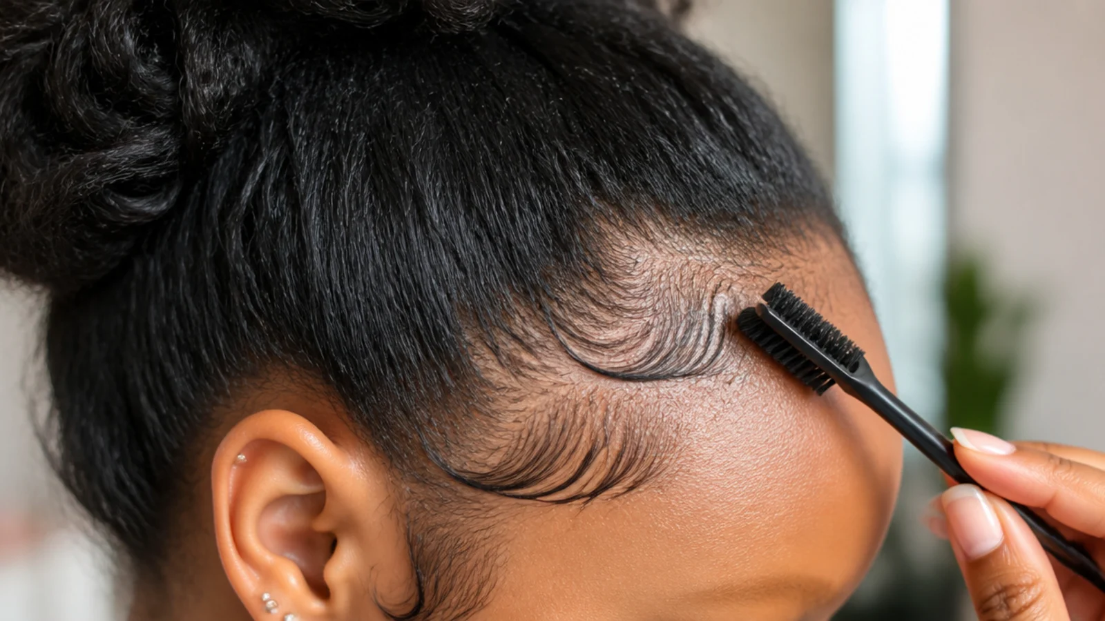 A soft brush and small pot of gel beside a hairline left natural