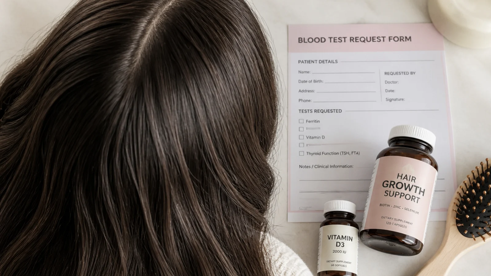 A blood test request form on a clinic desk beside sample tubes