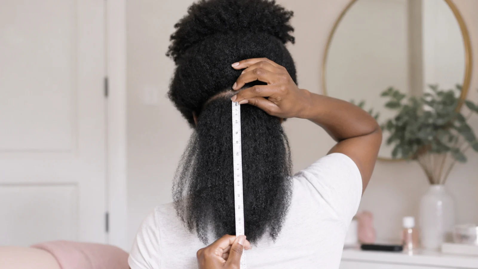 A stretched section of coily hair held against a tape measure