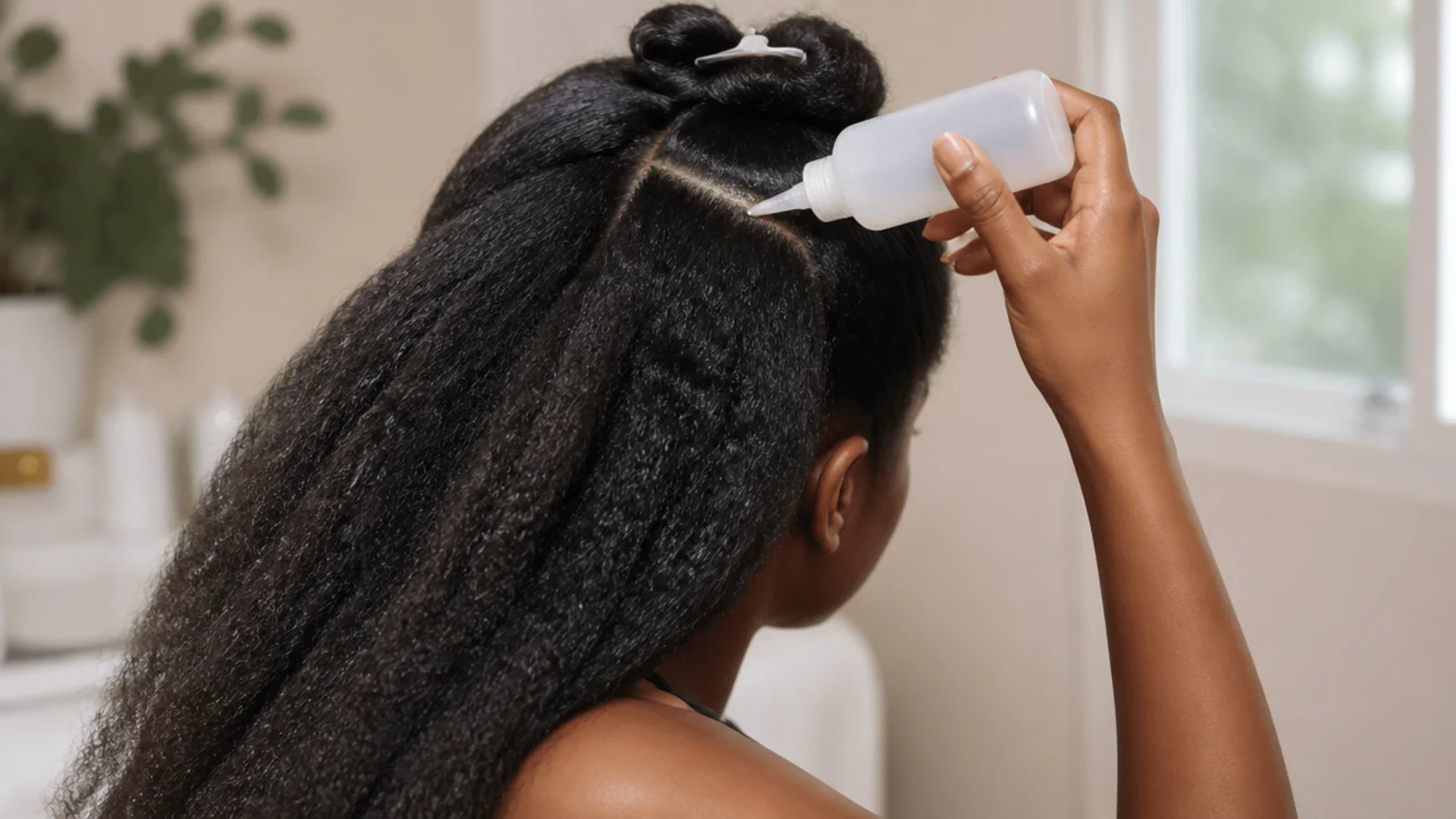 Hair clipped into four sections at the basin on wash day