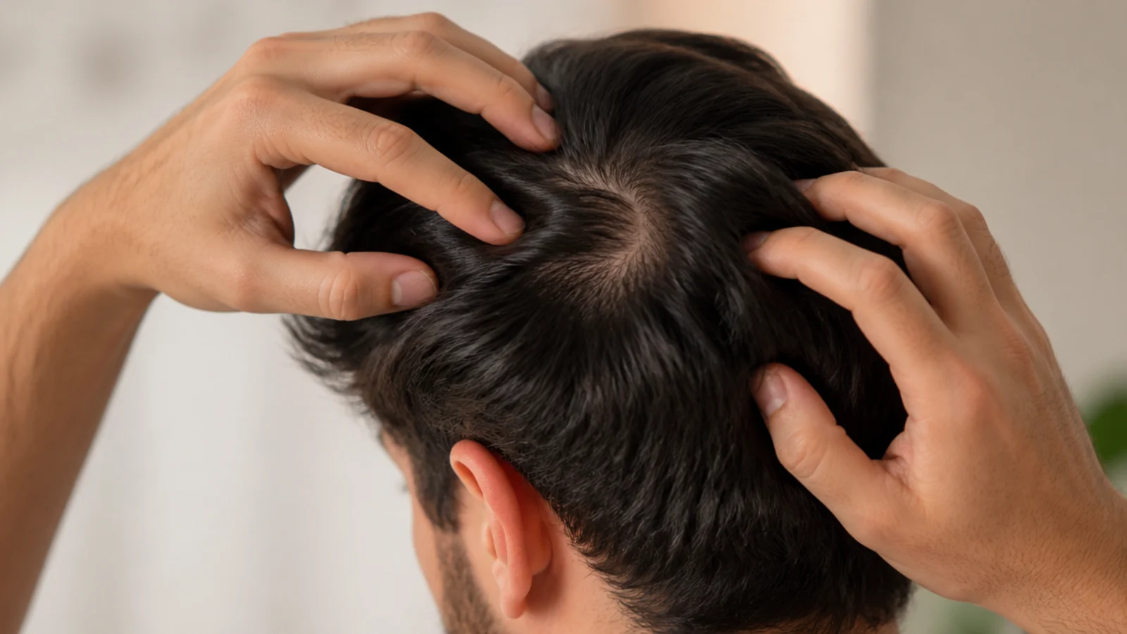 Fingertips working in circles across a short haired scalp