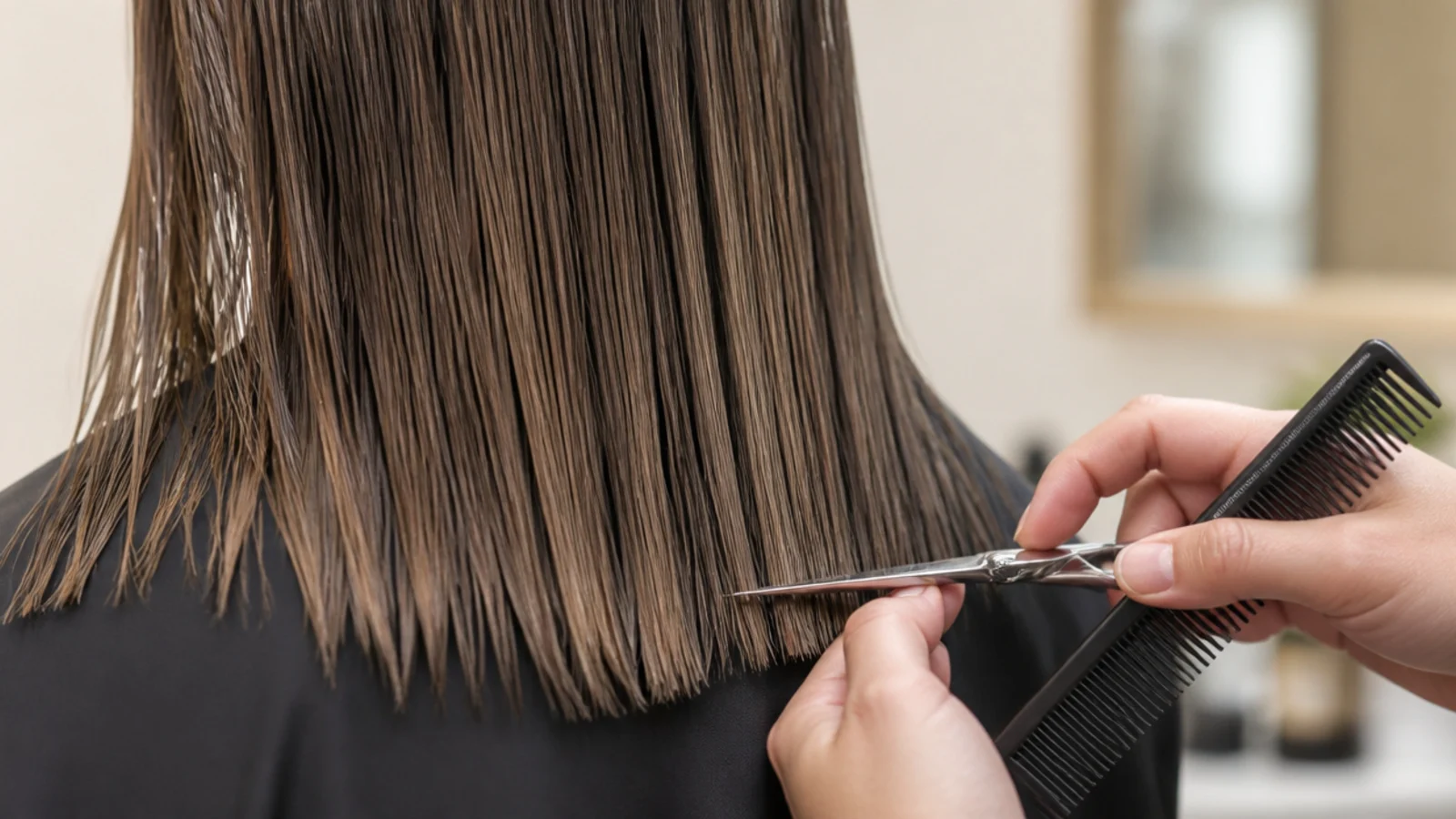 A barber shaping the ends of grown out hair with scissors