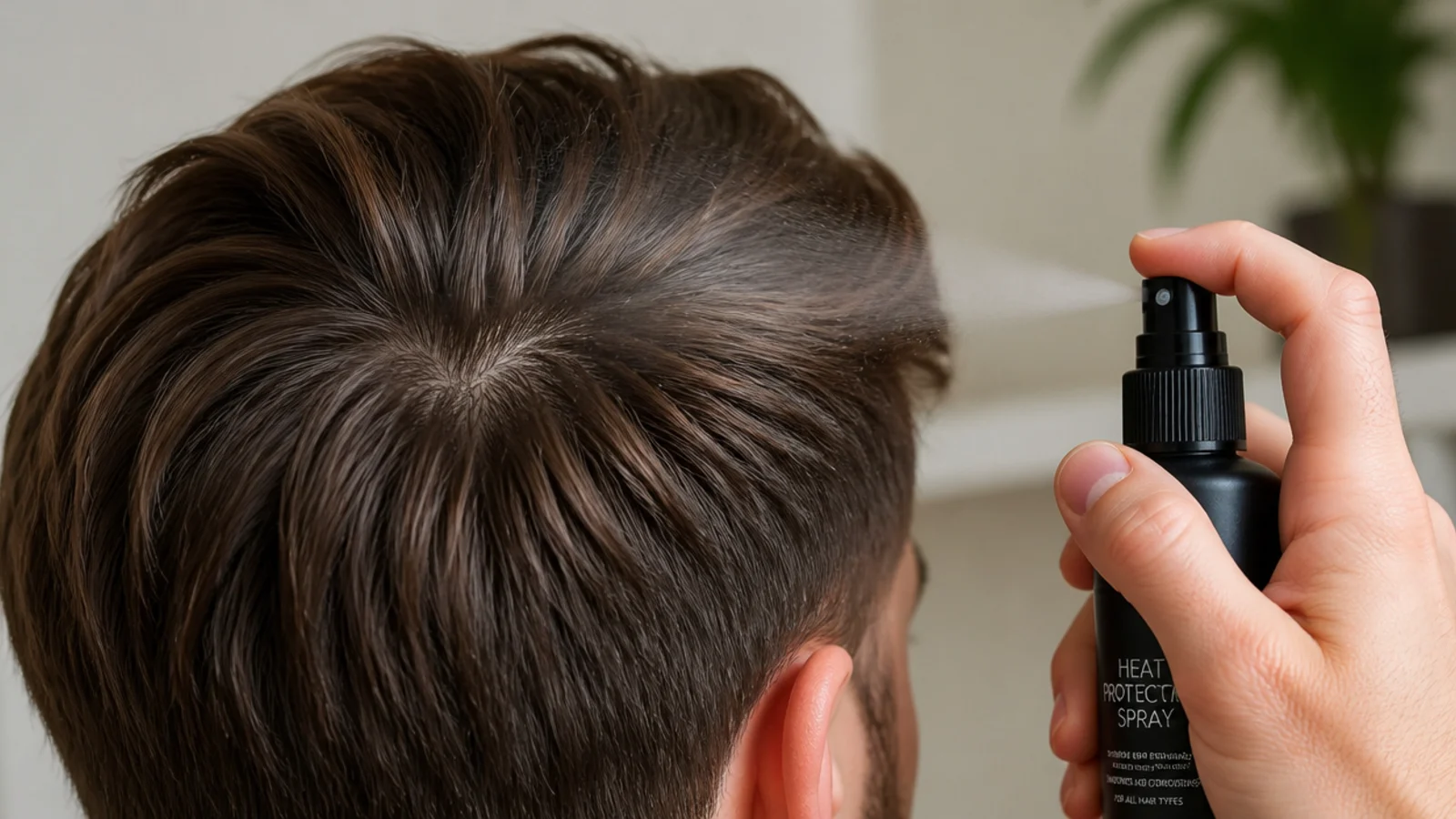 A heat protectant spray held beside a hair dryer