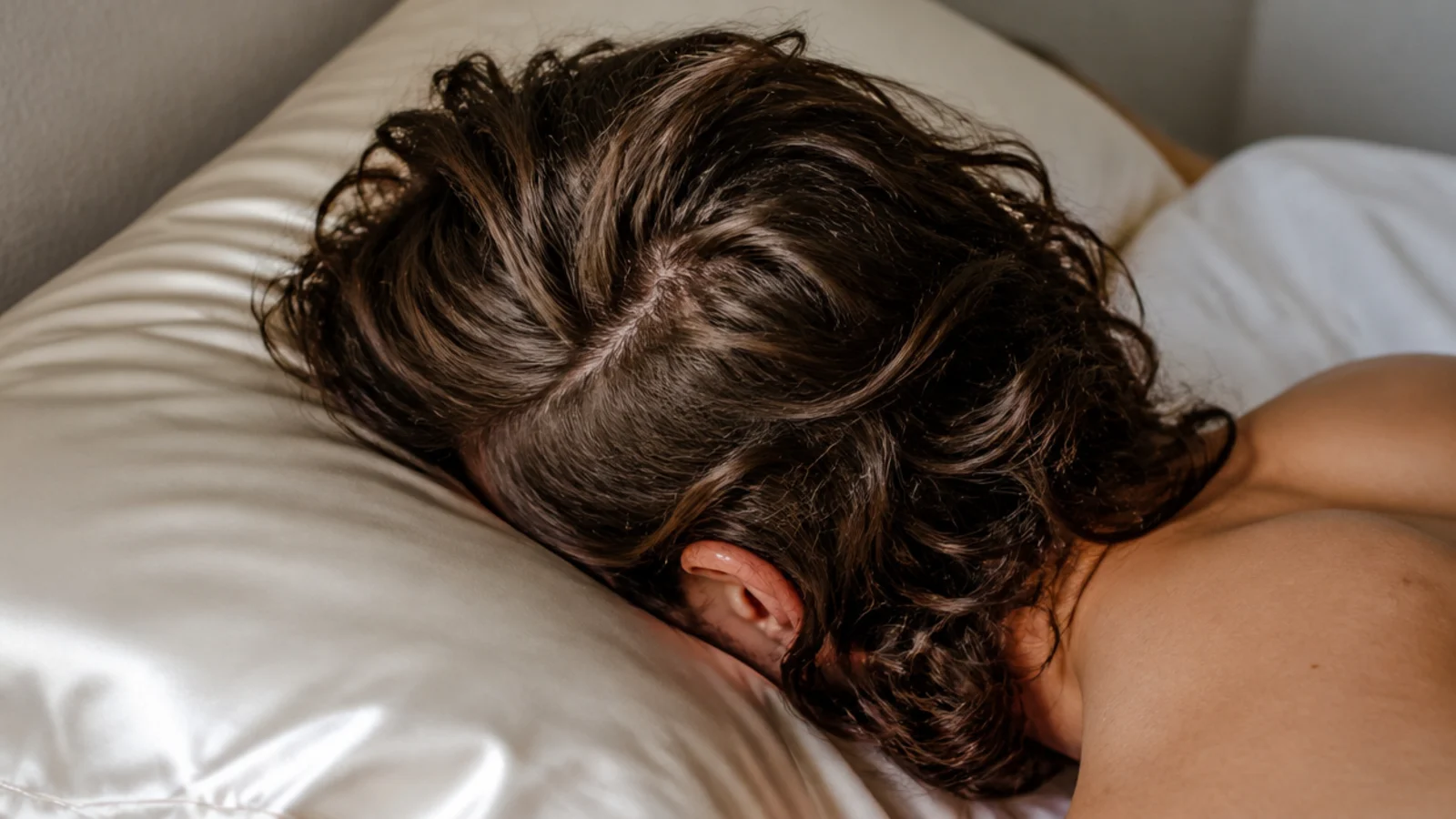 A dark satin pillowcase on a neatly made bed