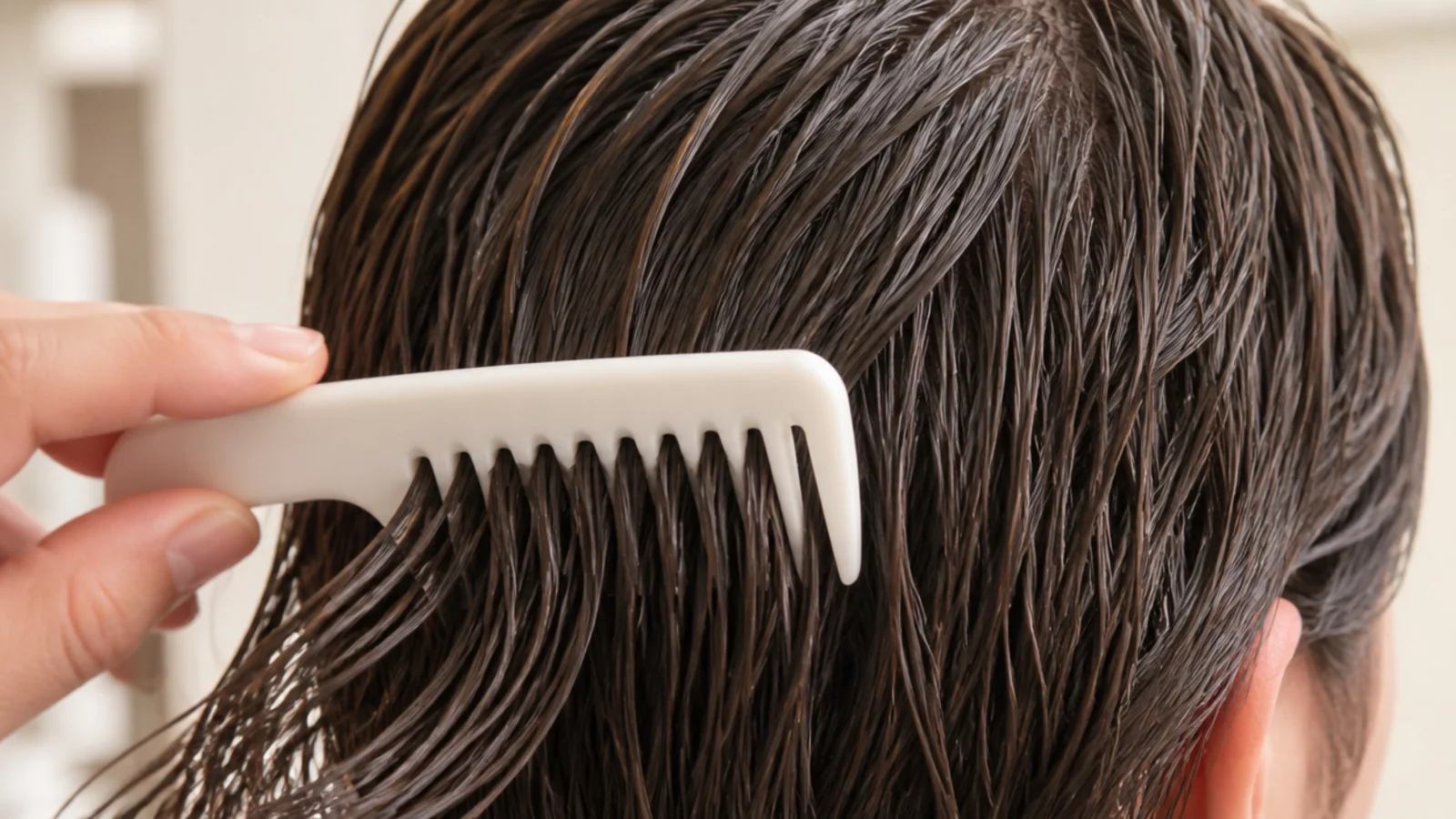 A wide tooth comb resting on a bathroom counter beside a towel