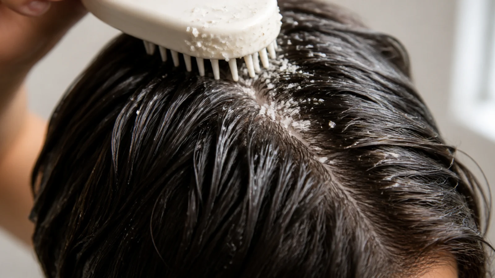 A scalp scrub being applied along a parting in the shower
