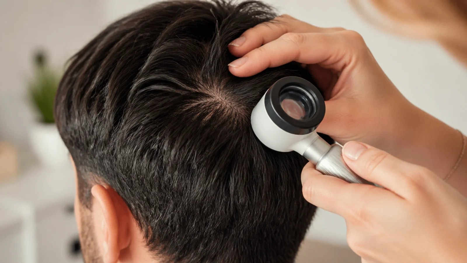A dermatologist examining a scalp with a handheld magnifier