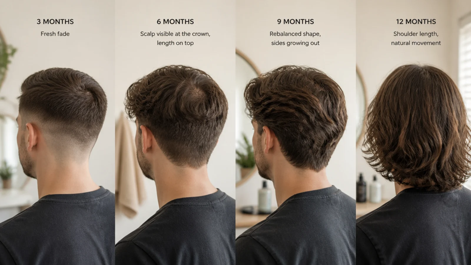 Mid length hair flicking outward above the ears in profile