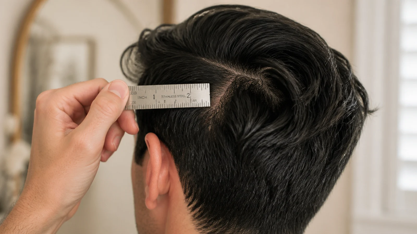 A tape measure held from the crown down the length of grown out hair
