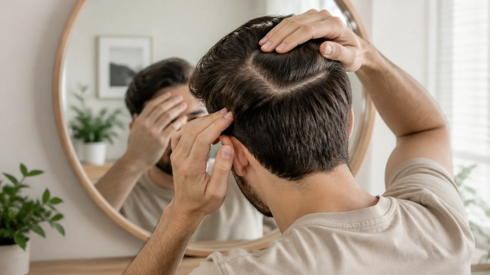 An old photograph held up beside a mirror to compare hairlines