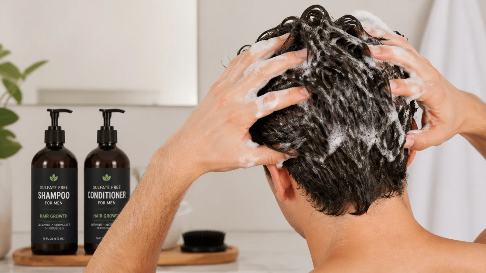 Shampoo and conditioner lined up in a tiled shower