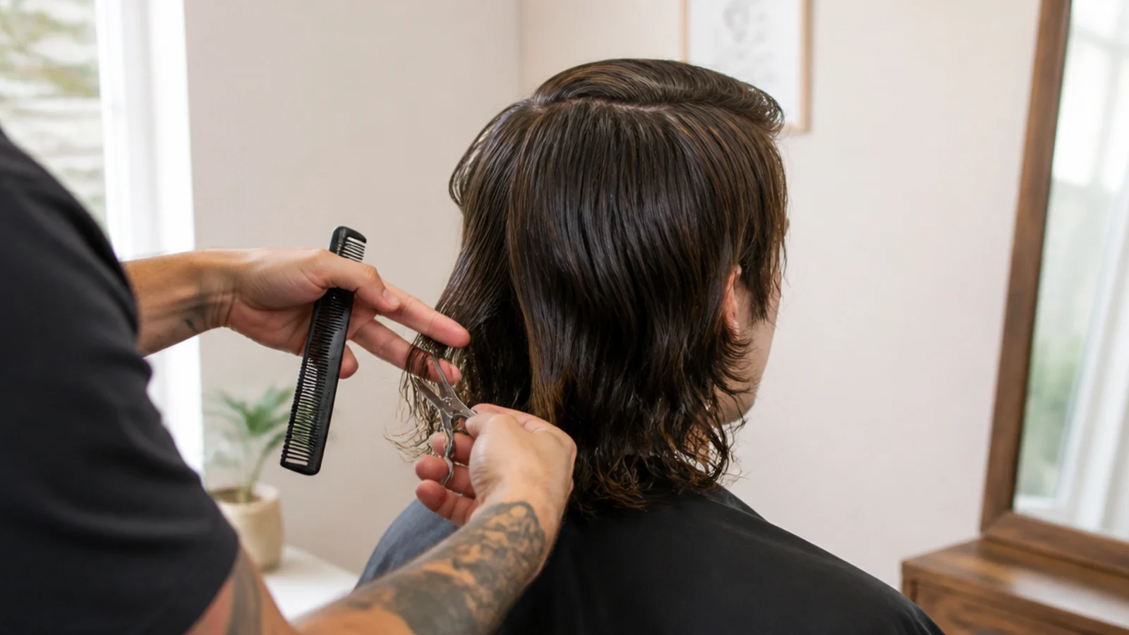 A barber shaping grown out hair with scissors and a comb