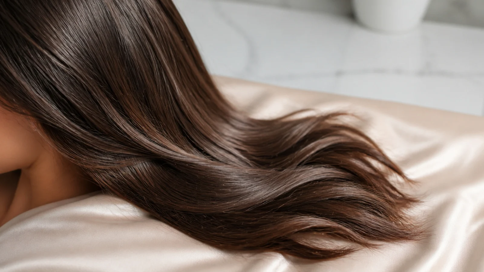 Hair spread out across a smooth satin pillowcase