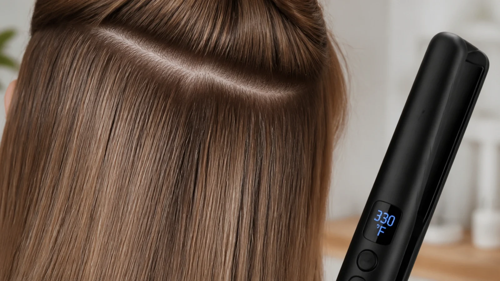 A flat iron with its temperature display visible on a counter