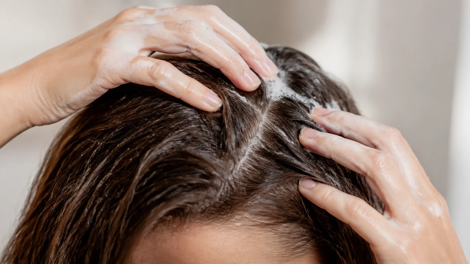 Clarifying shampoo lathered through the roots