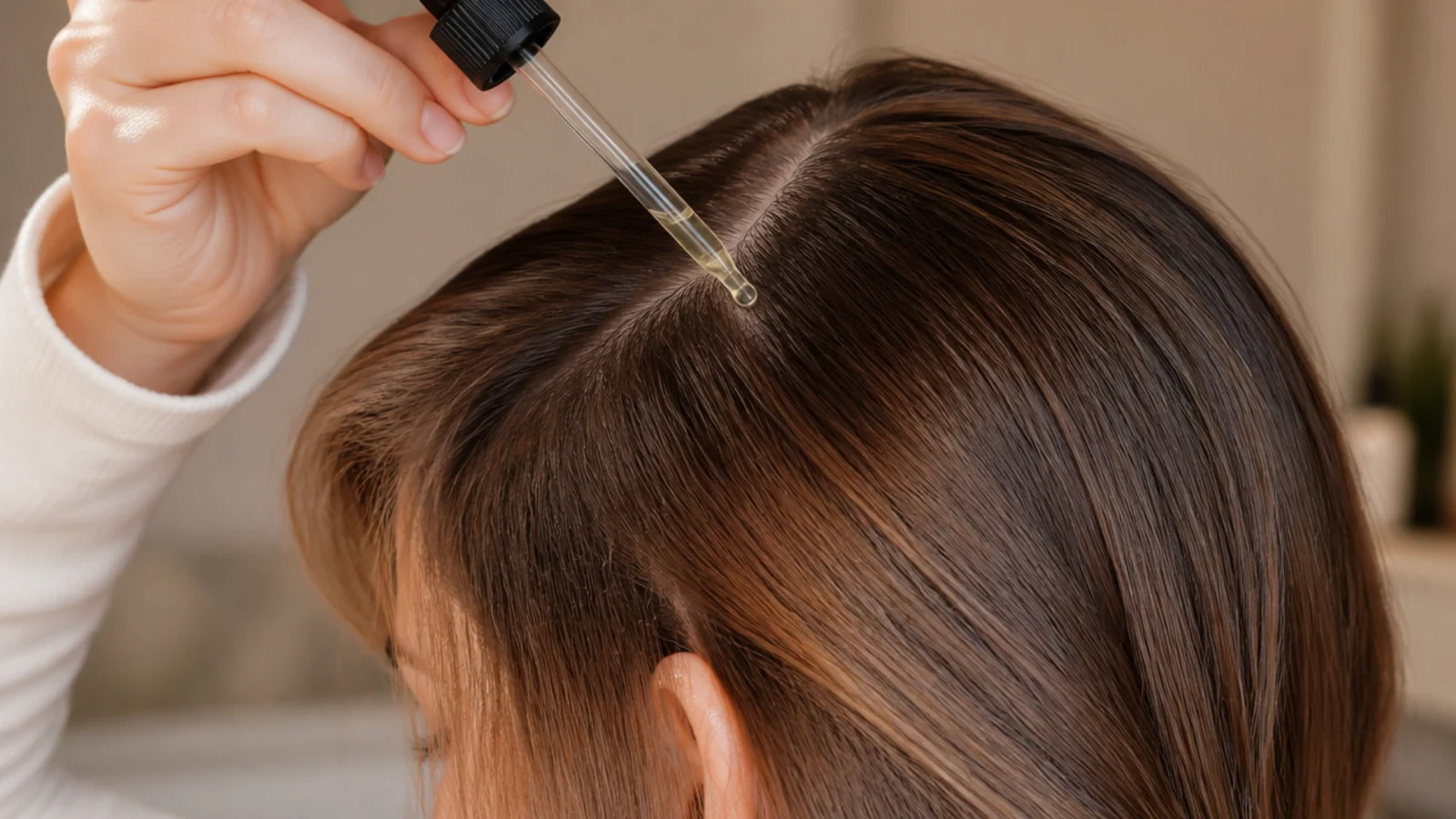 A dropper of rosemary oil above a parted section