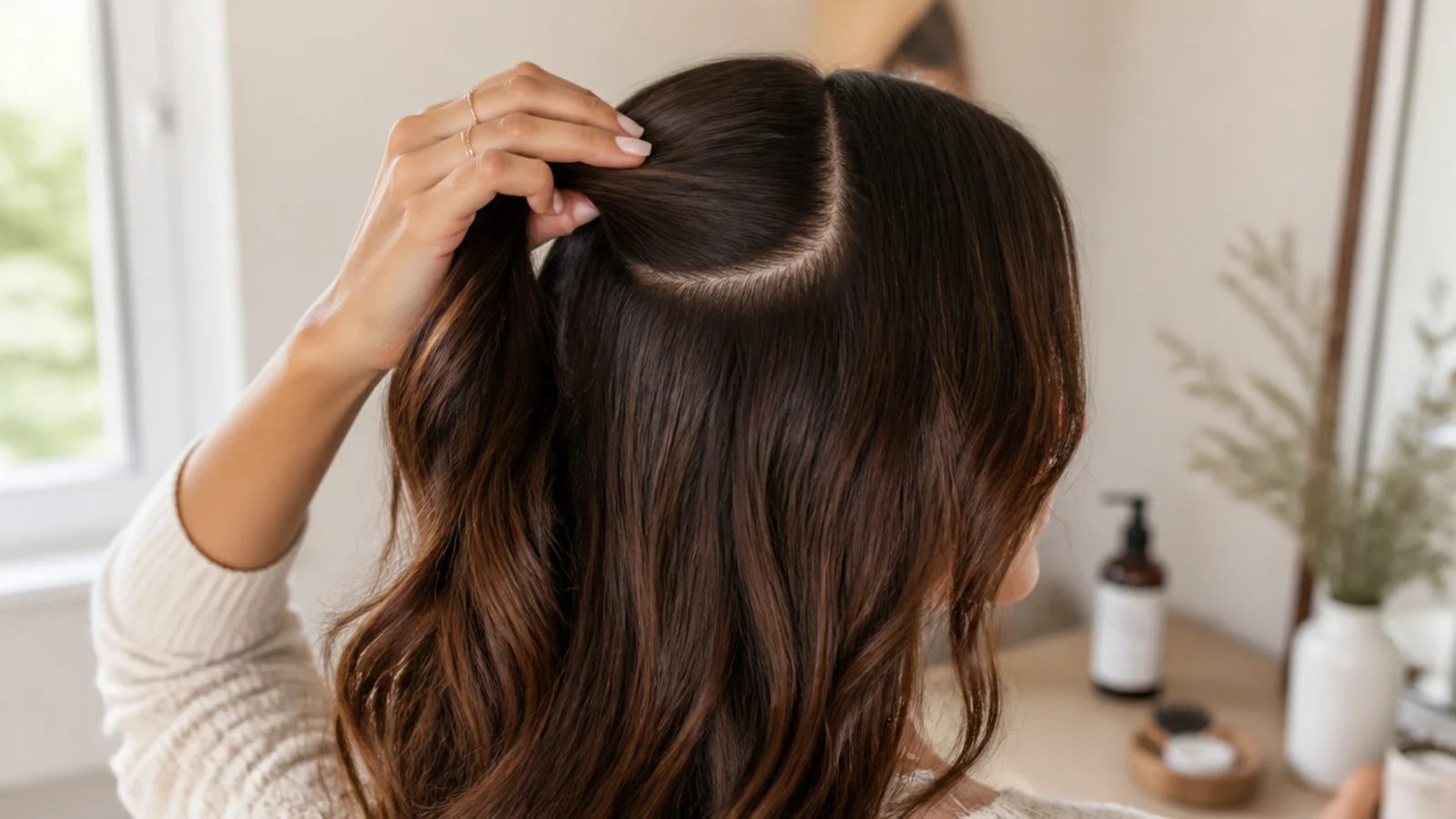 A parted scalp inspected closely under a bright light