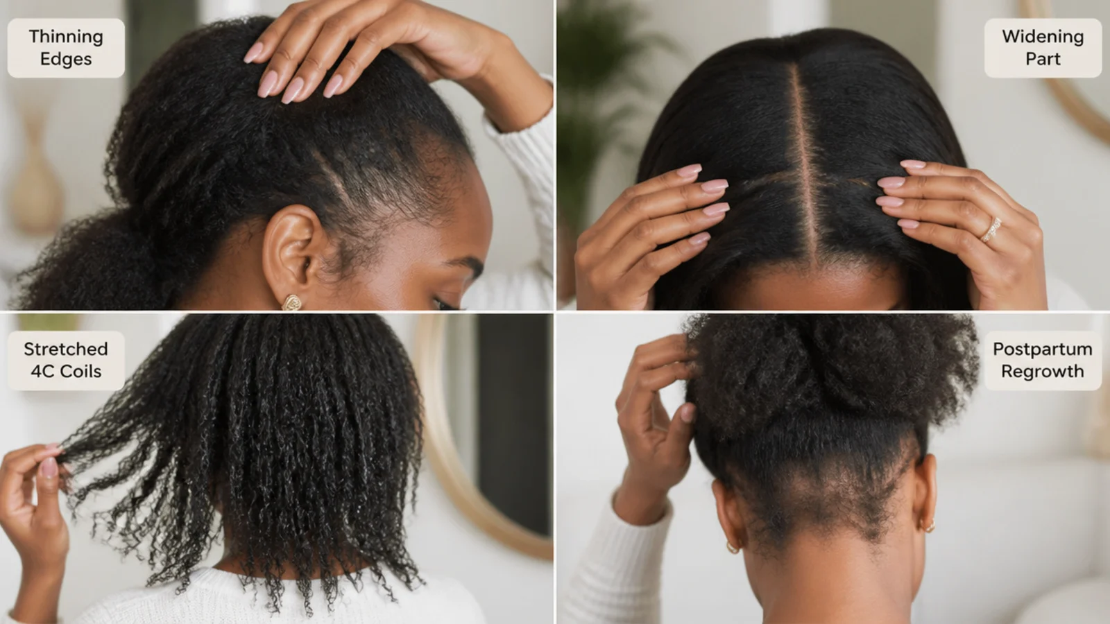 Different hair concerns shown across four sections of hair