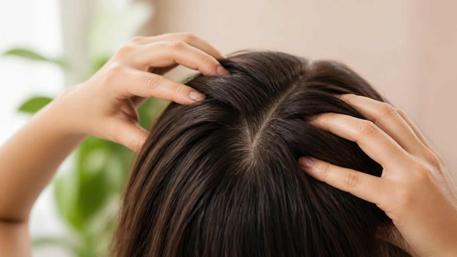 Both hands working across the scalp with long hair swept forward