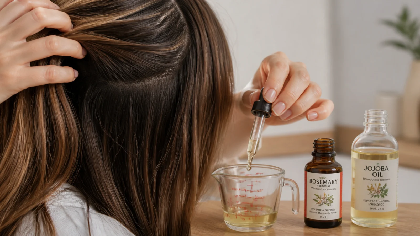 A dropper of rosemary oil applied along a parting