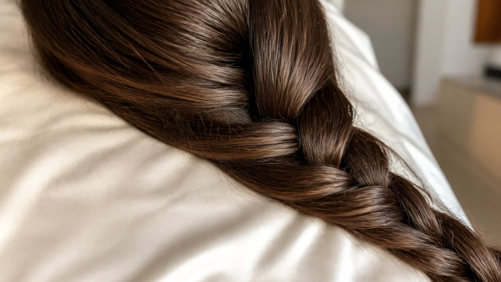 Long hair fanned across a smooth satin pillowcase