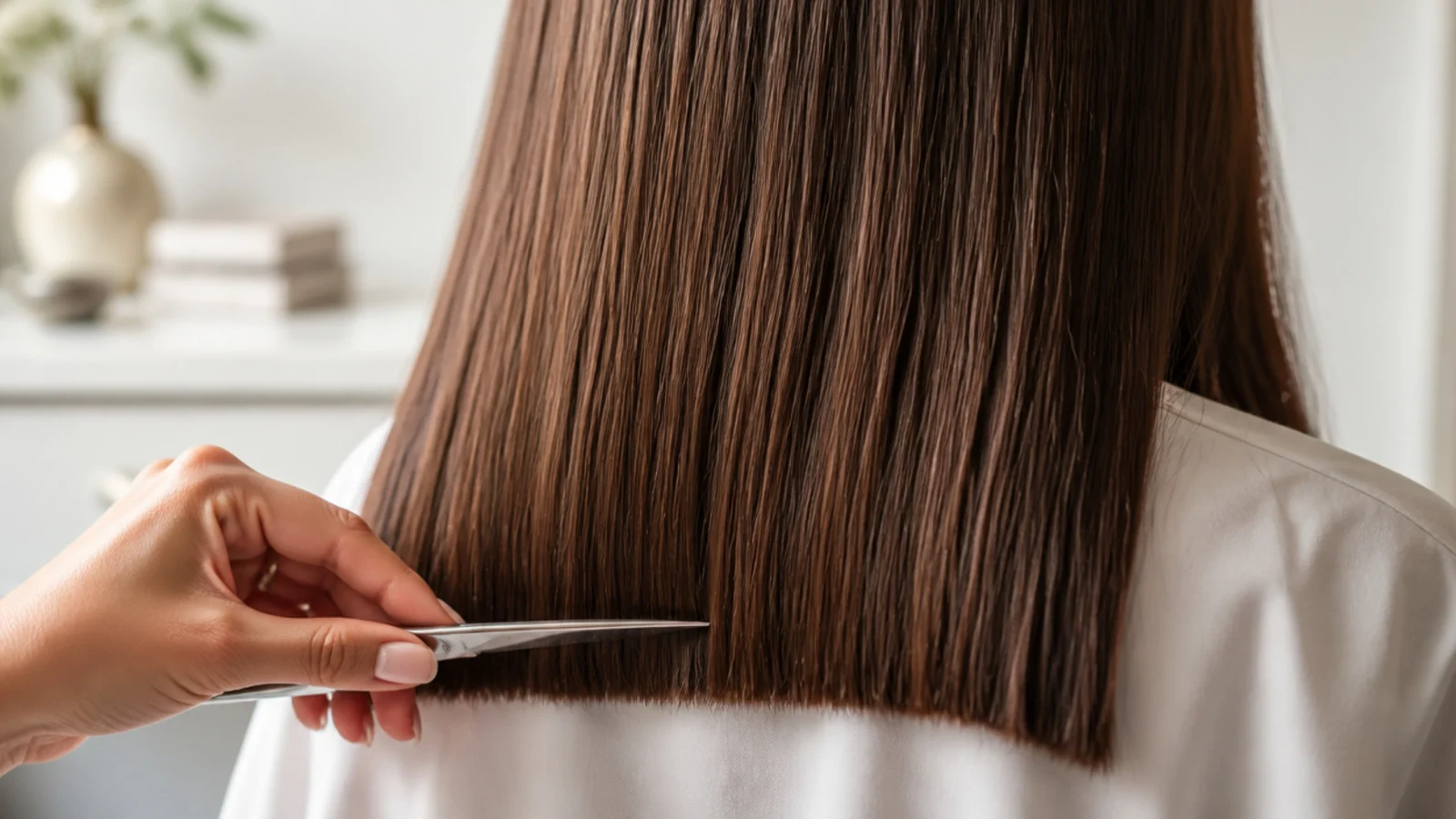 Shears taking a small amount from the bottom of long hair
