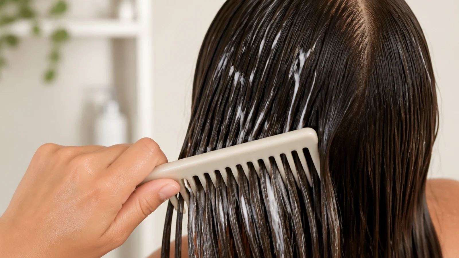 A wooden wide tooth comb easing through the ends of long hair