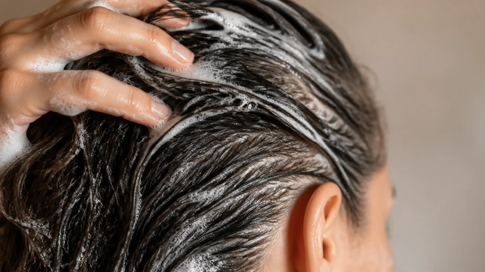 Lather worked through the roots of long hair over the basin