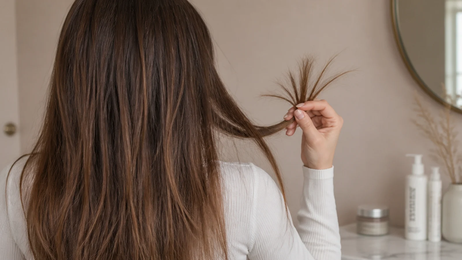 Frayed ends of long hair held up beside a smooth section