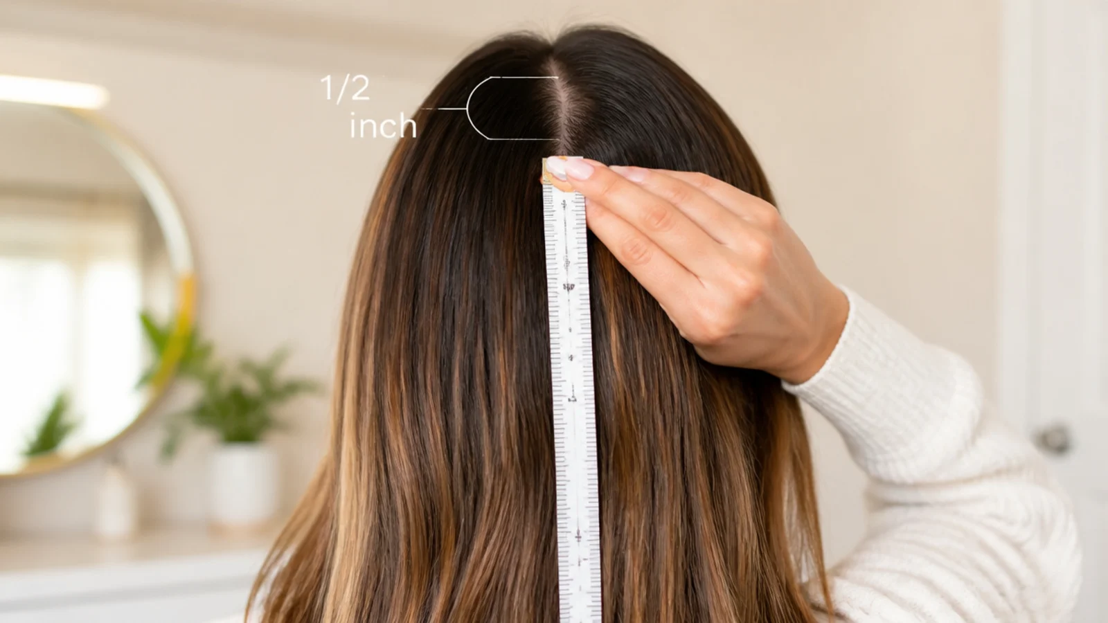 A section of long hair held against a ruler in daylight