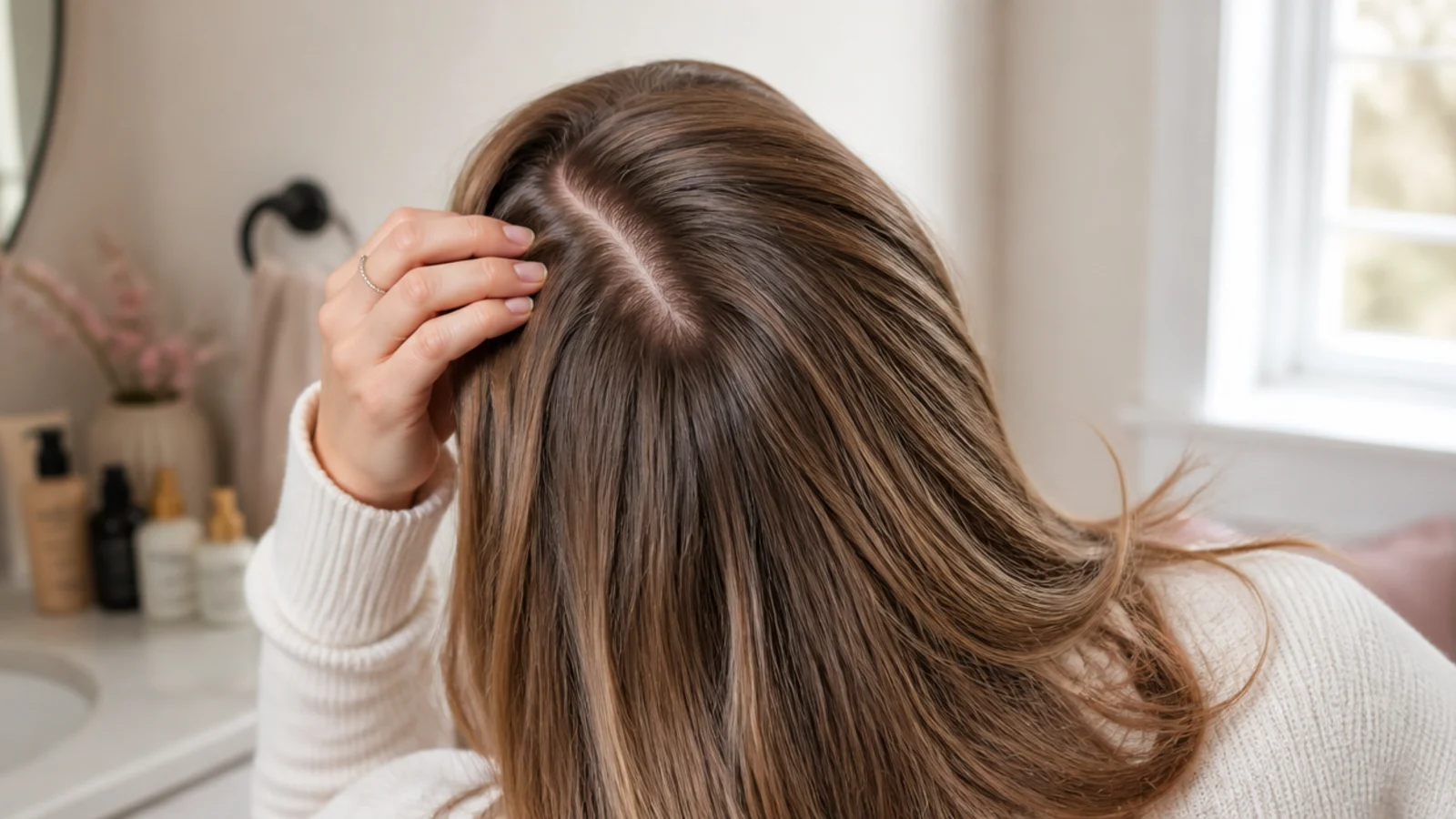 Fingertips massaging the scalp under a long parting