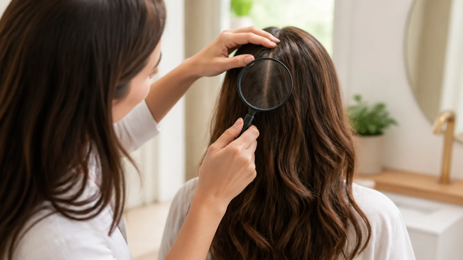 A widening parting examined under a bathroom mirror
