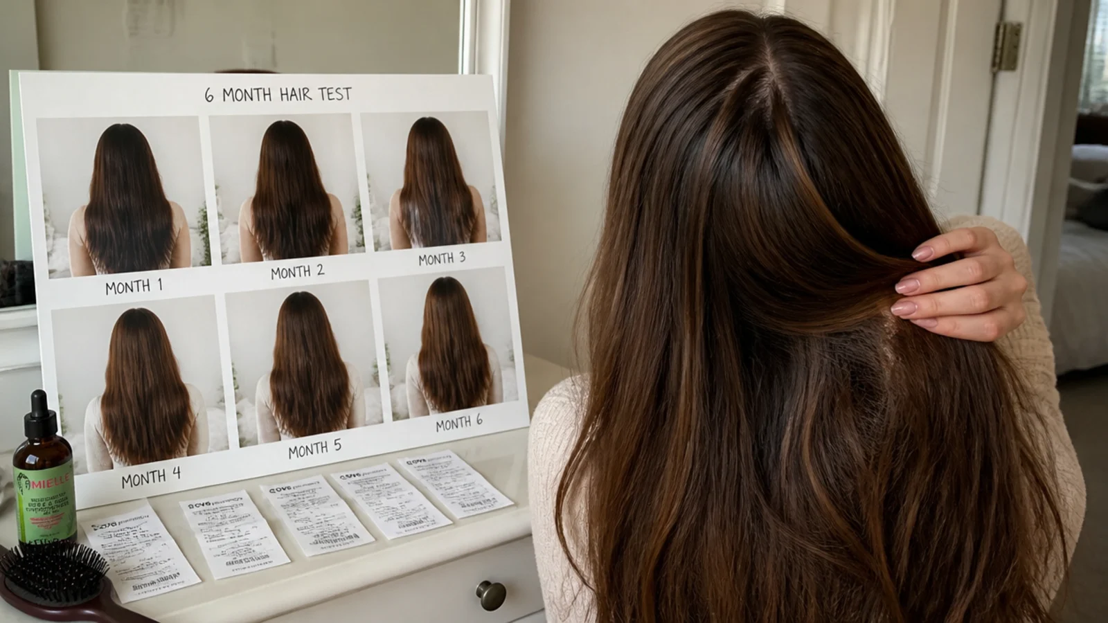 Two dated photographs of the same long hair compared side by side