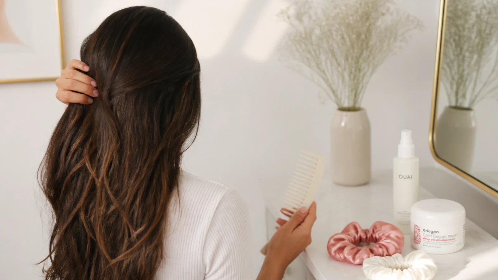A comb, mask jar and satin tie set out for a weekly wash day