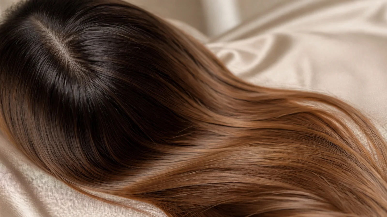 Long hair spread over a satin pillowcase on a made bed