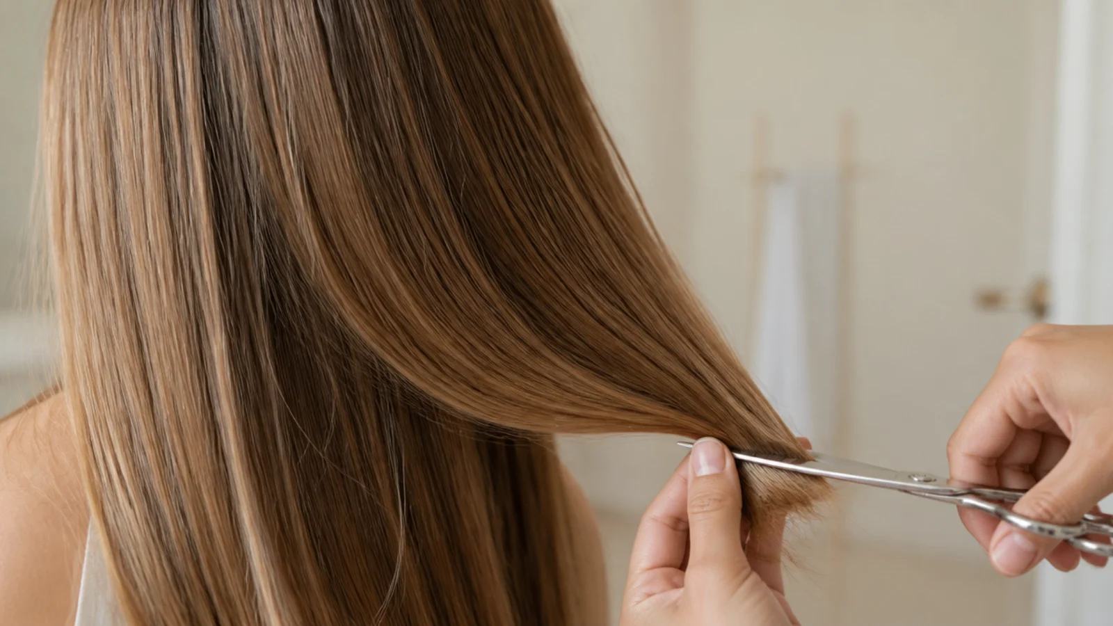 Scissors removing split tips from a twisted section of long hair