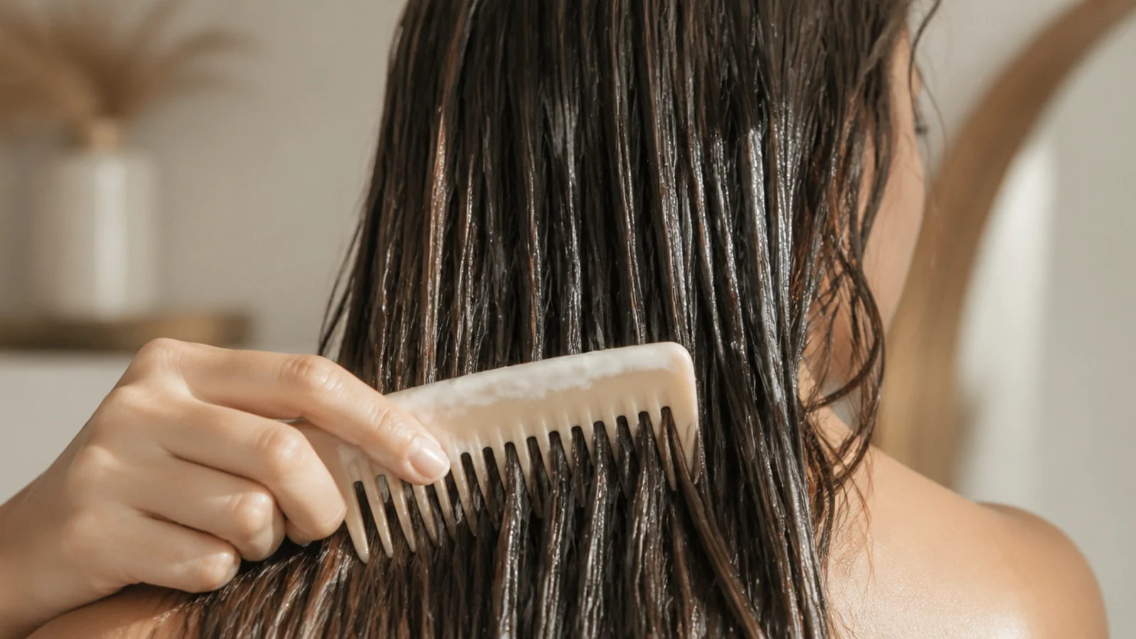 A wide tooth comb working through the ends of damp long hair