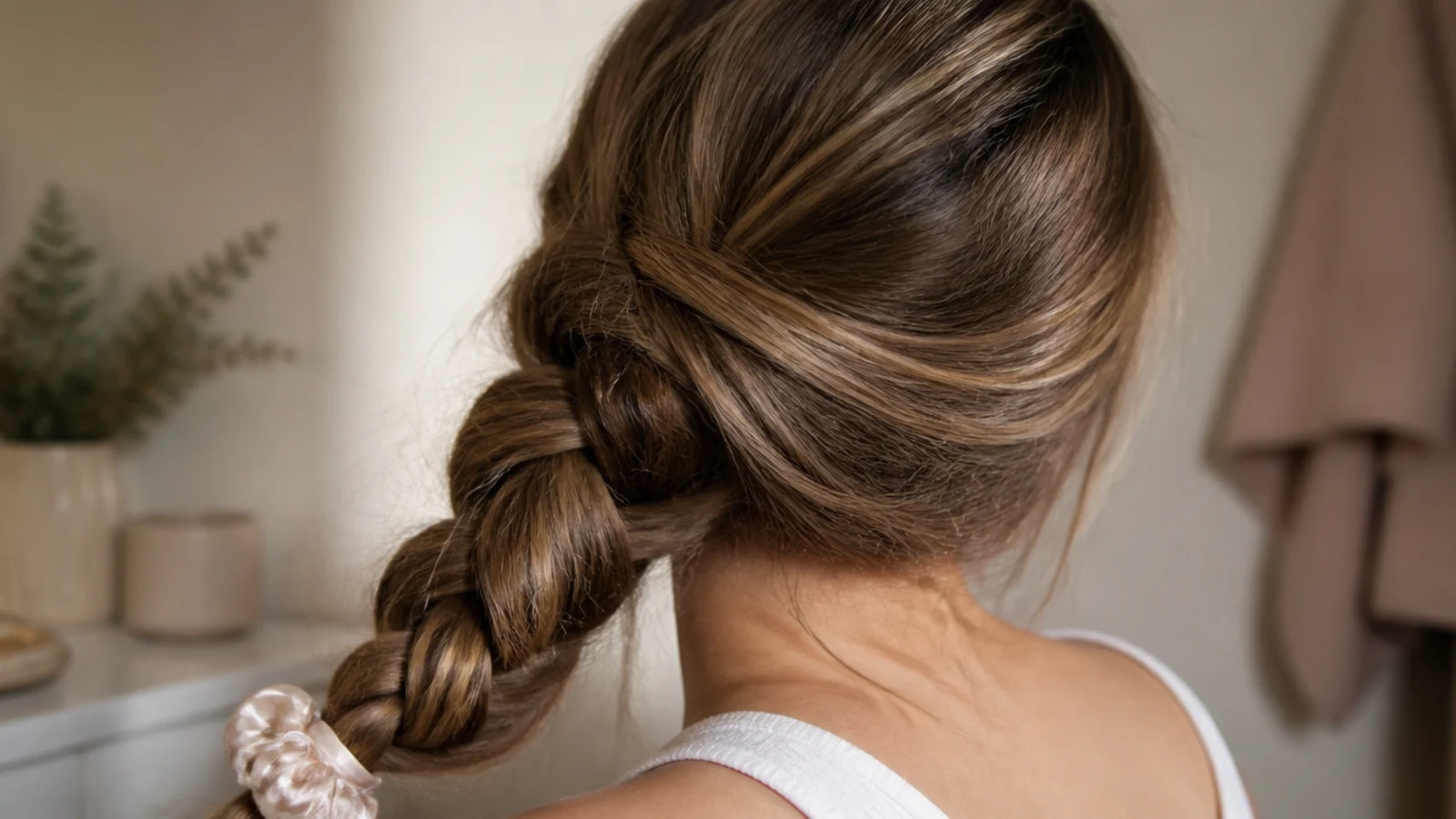A soft braid tied loosely for the night with a satin ribbon