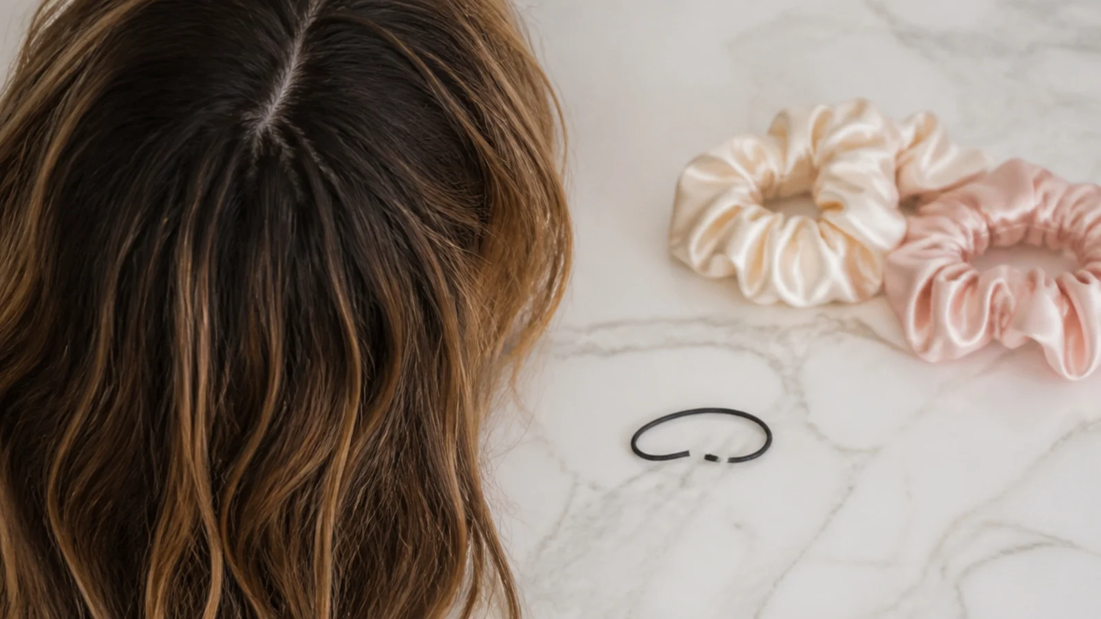 Silk scrunchies in soft colours arranged on a dresser