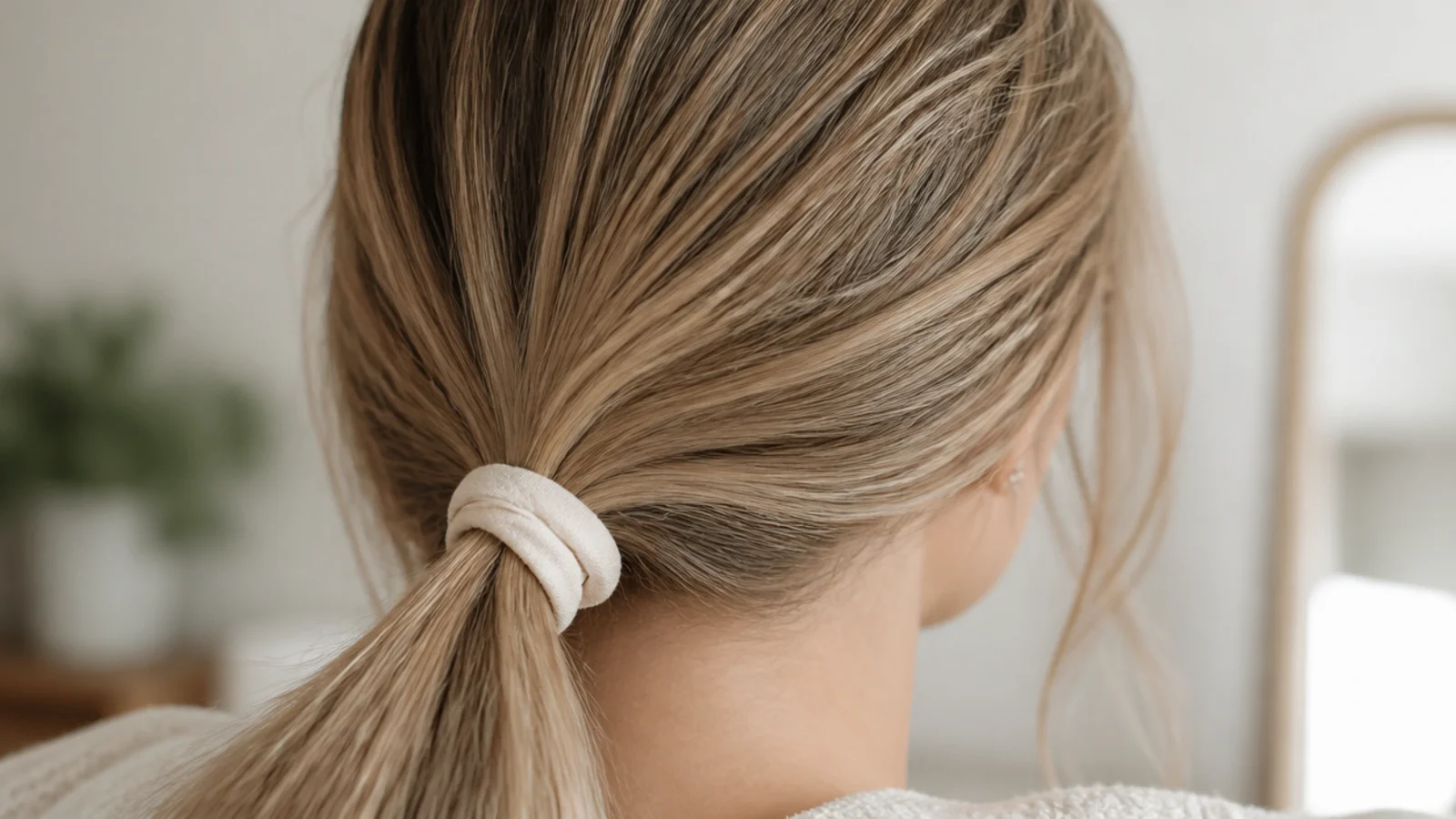 A low ponytail gathered loosely at the nape