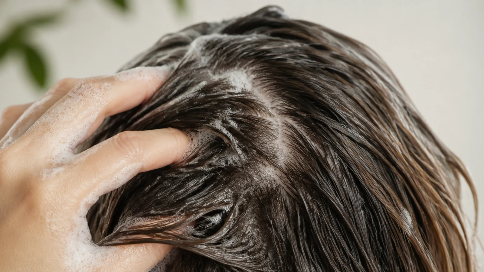 A clarifying shampoo lathered at the roots over the basin