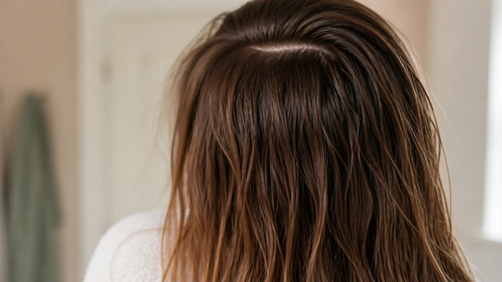 Long hair left to dry naturally over a shoulder by a window